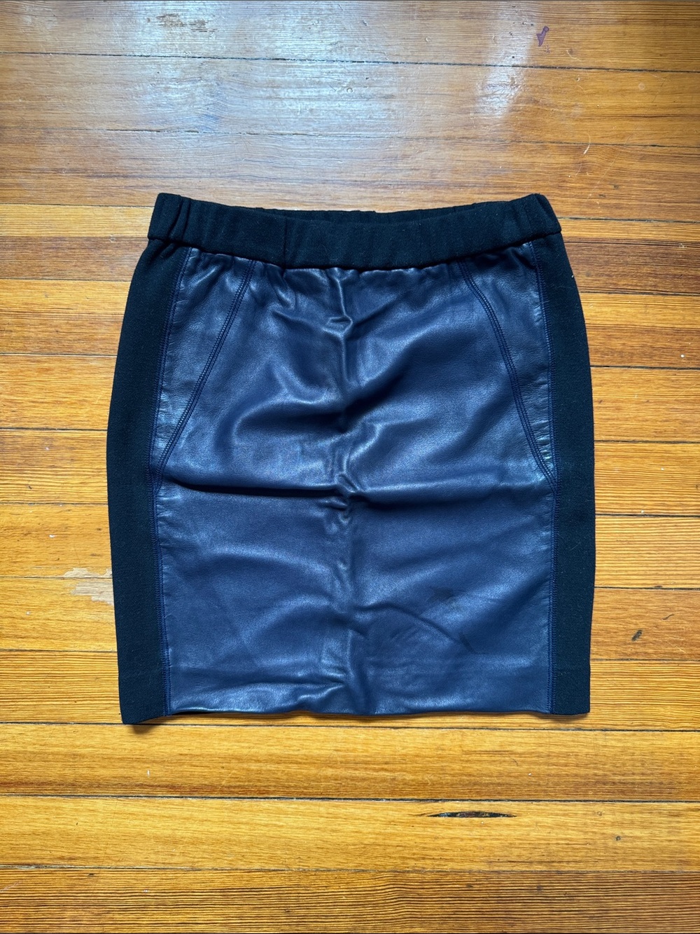 Sandro Black Faux Leather Pencil Skirt with Knit Sides and Back
